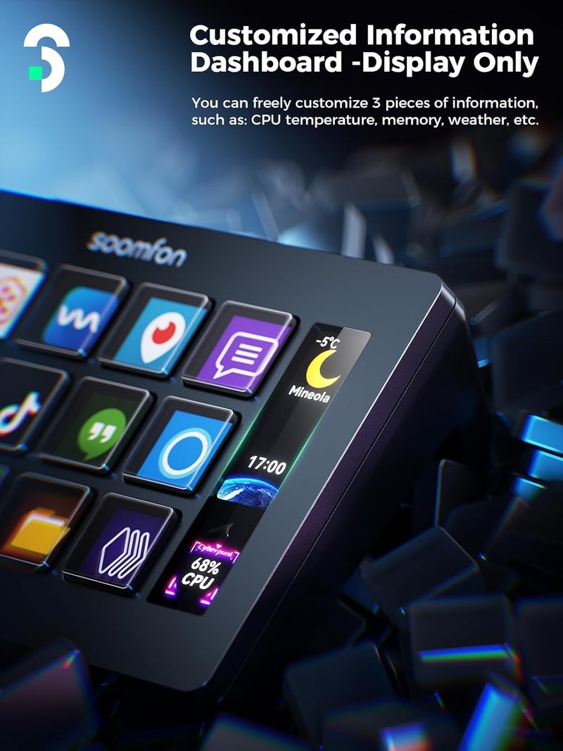 SOOMFON Stream Controller Stream Control Deck with 15 LCD Macro Keys Customizable to Trigger Actions in OBS Twitch YouTube Compatible with PC & Mac for Content Creators Streaming Gaming - Image 4
